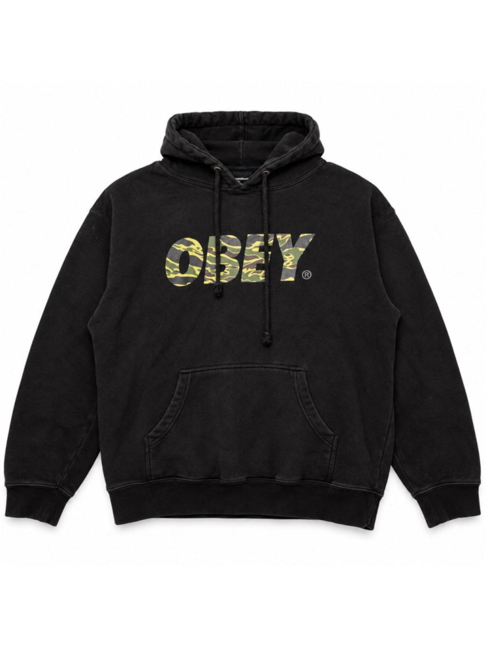Obey Camo Logo Hoodie Sweatshirt Mens Medium Black Streetwear Fleece